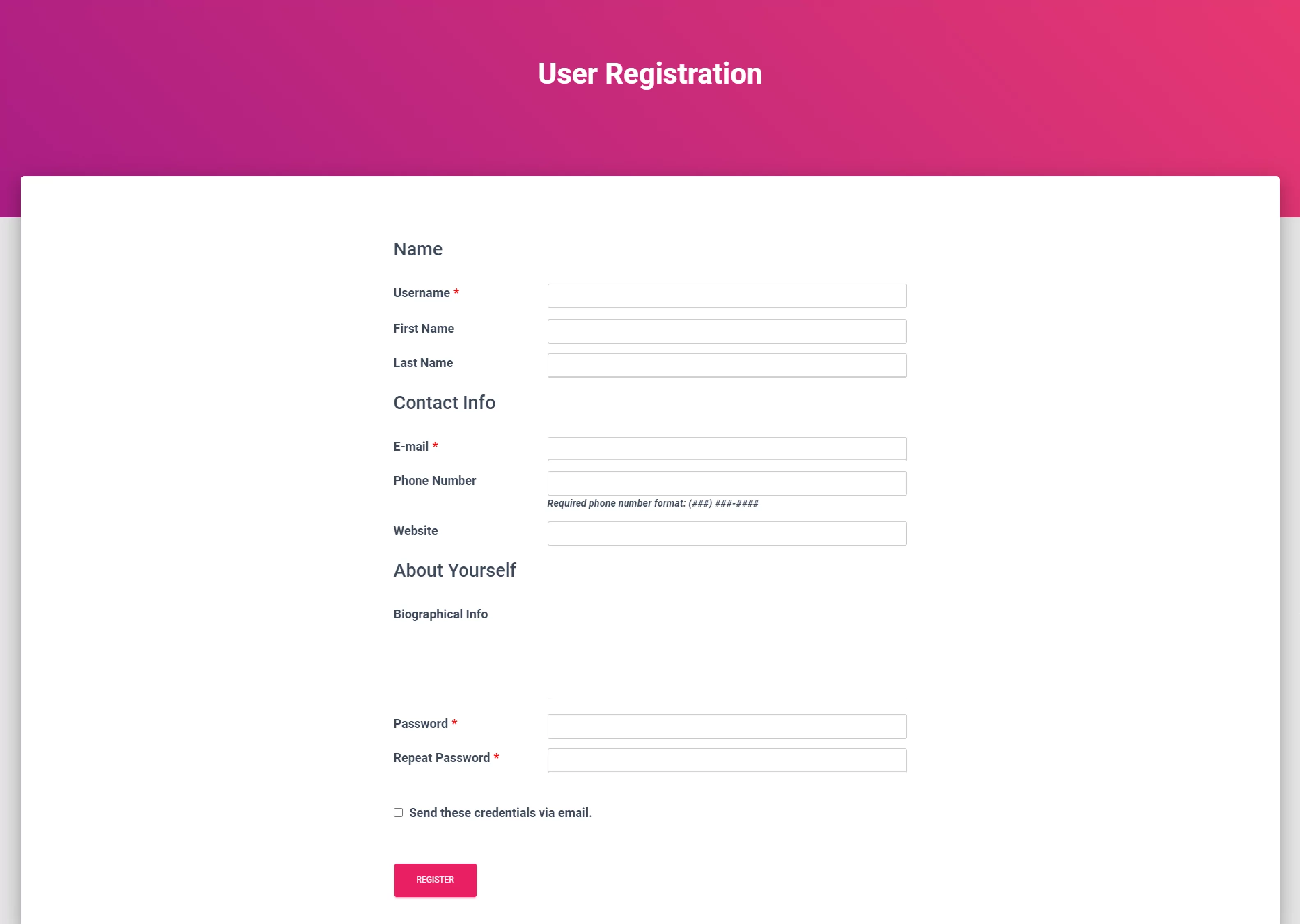 Preview of User Registration Form