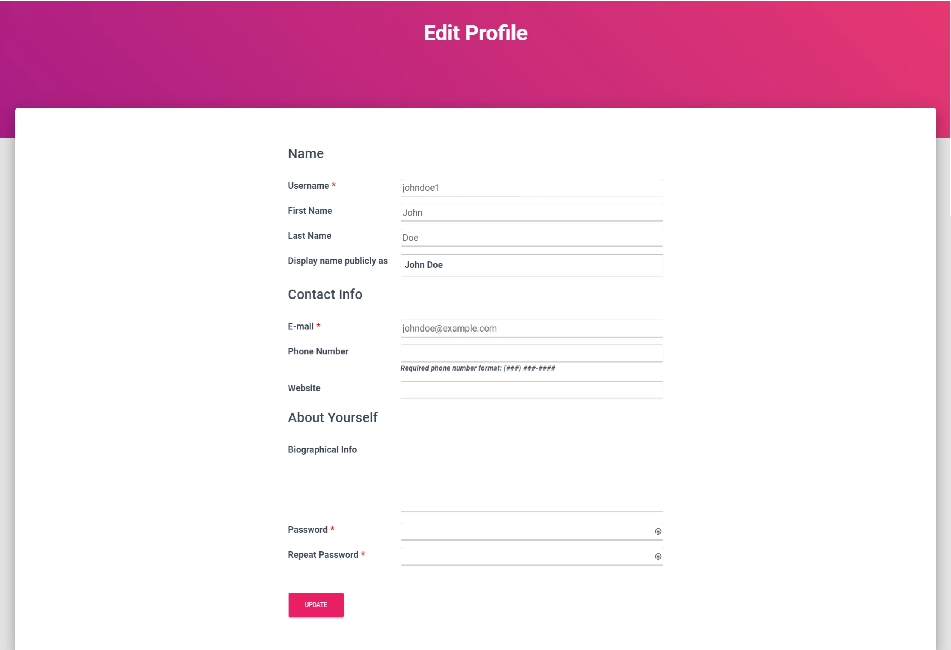 Preview of Updated User Profile Page