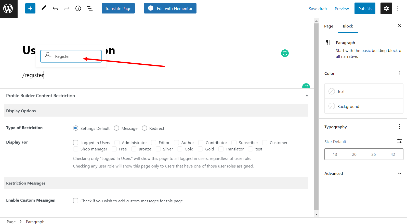 User registration page block in the Gutenberg editor