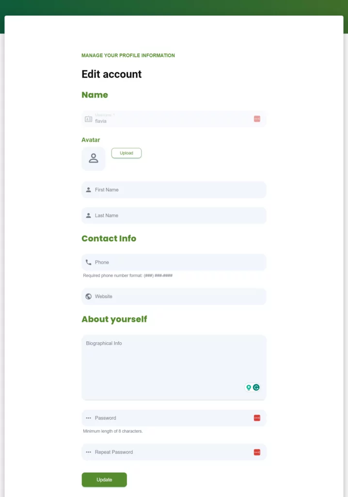 User Registration Page with avatar field