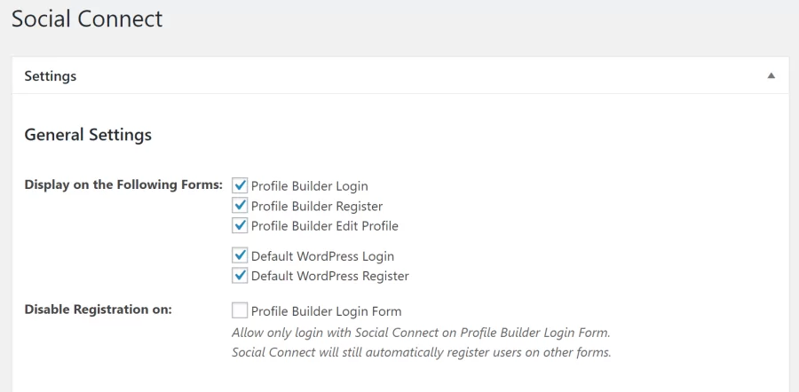 Settings screen for Social Connect add-on