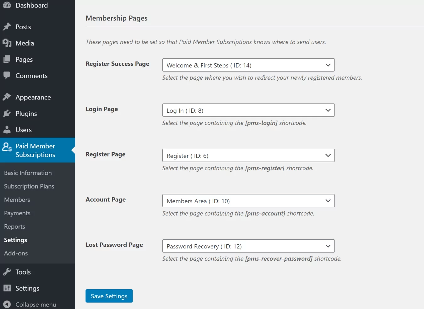 Designate members area pages