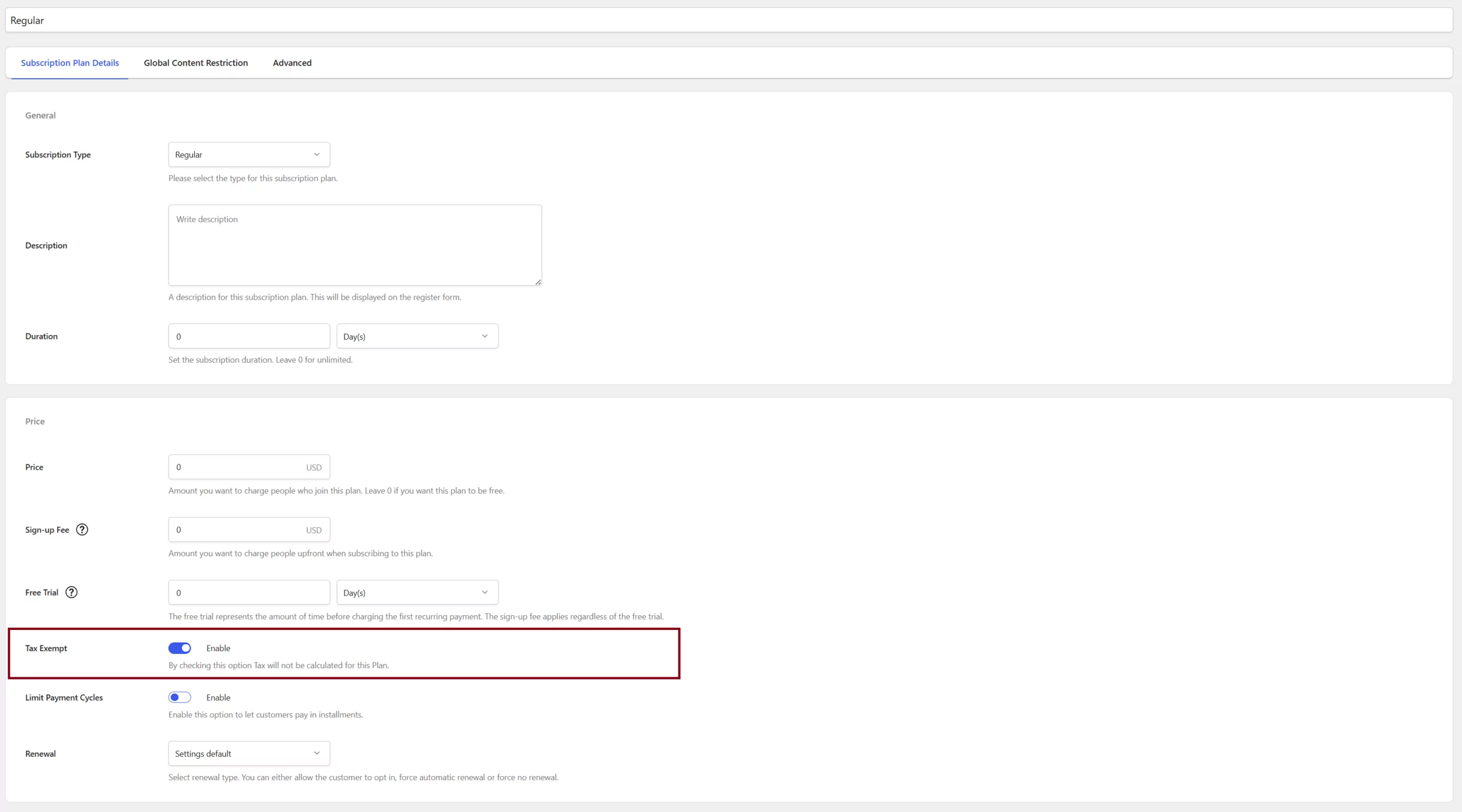 Tax exempt setting being active on a subscription plan