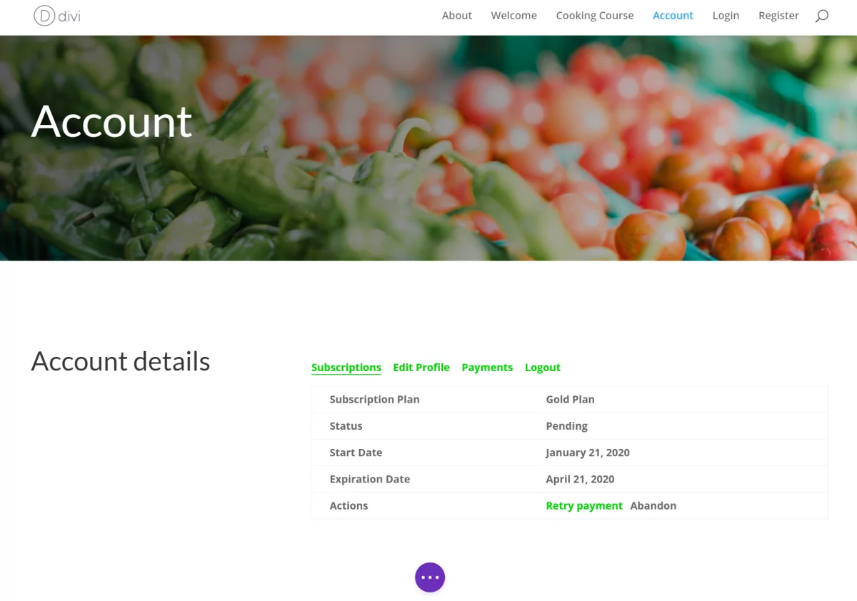 Preview of the account page