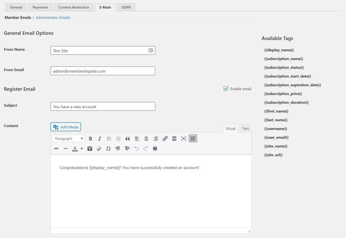 Email settings in Paid Member Subscriptions