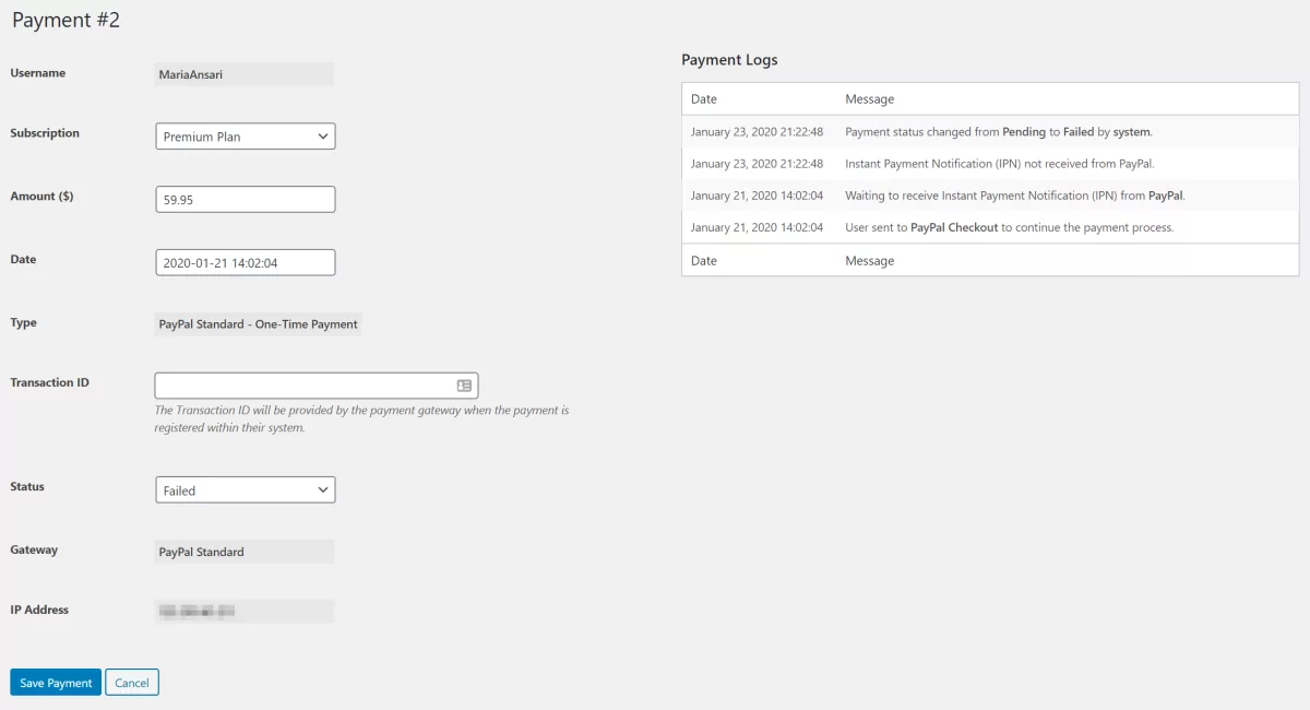 View details for failed payments