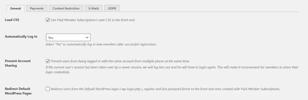 General settings in Paid Member Subscriptions