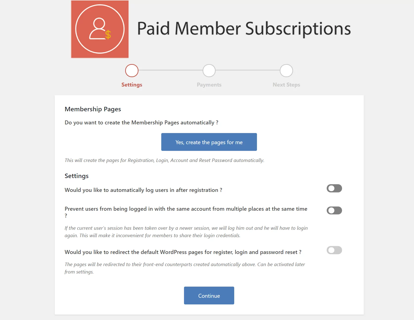 Paid Member Subscriptions setup wizard