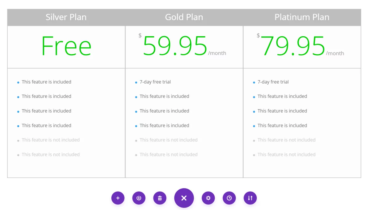 Preview of pricing table