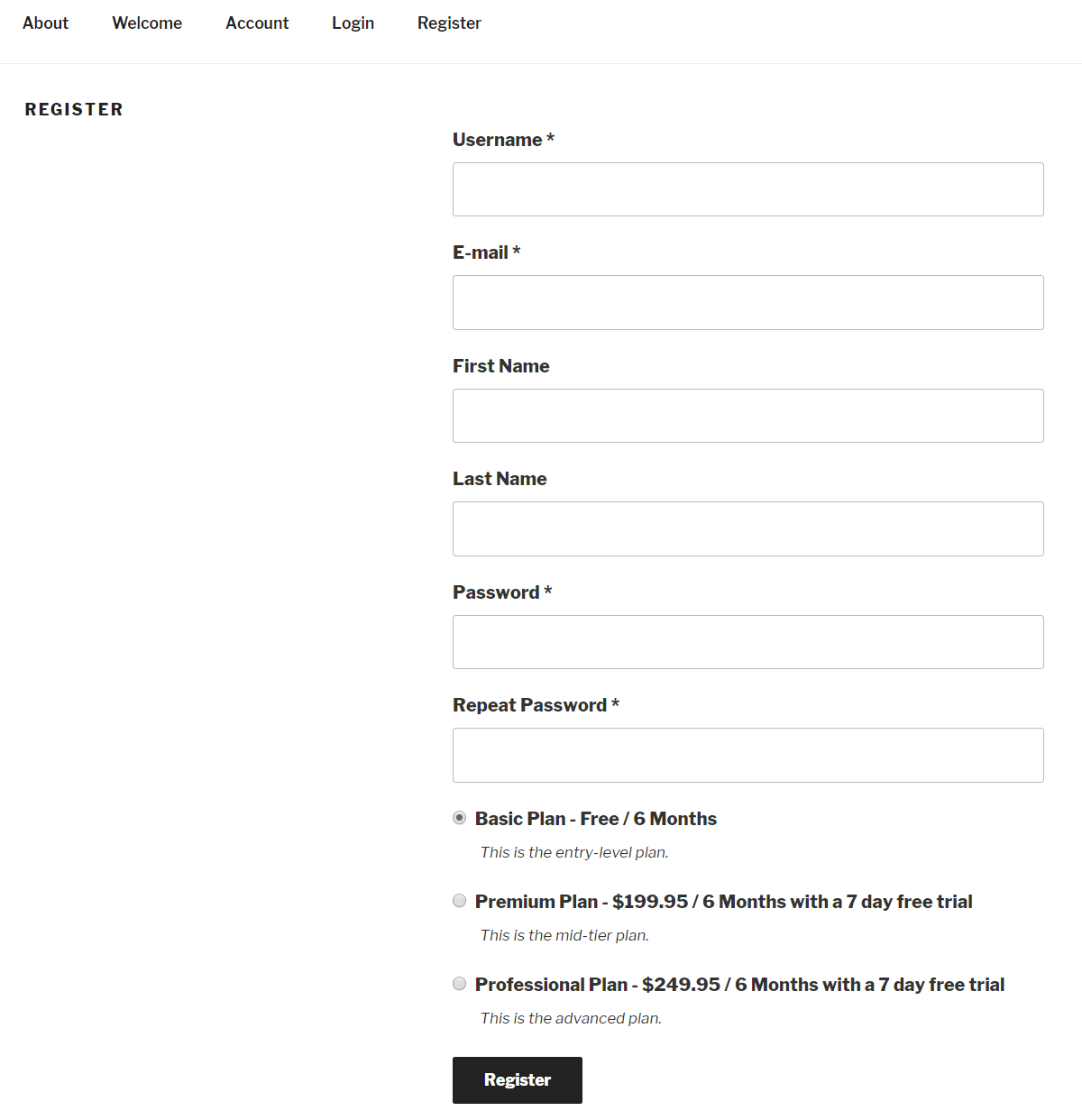 Front-end preview of registration form