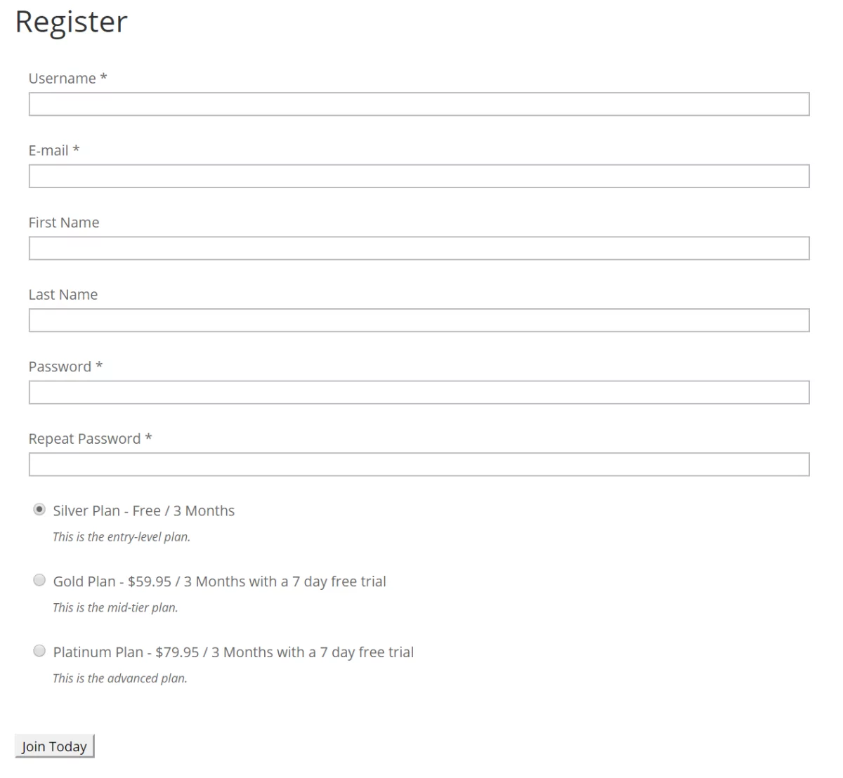 Preview of the registration form