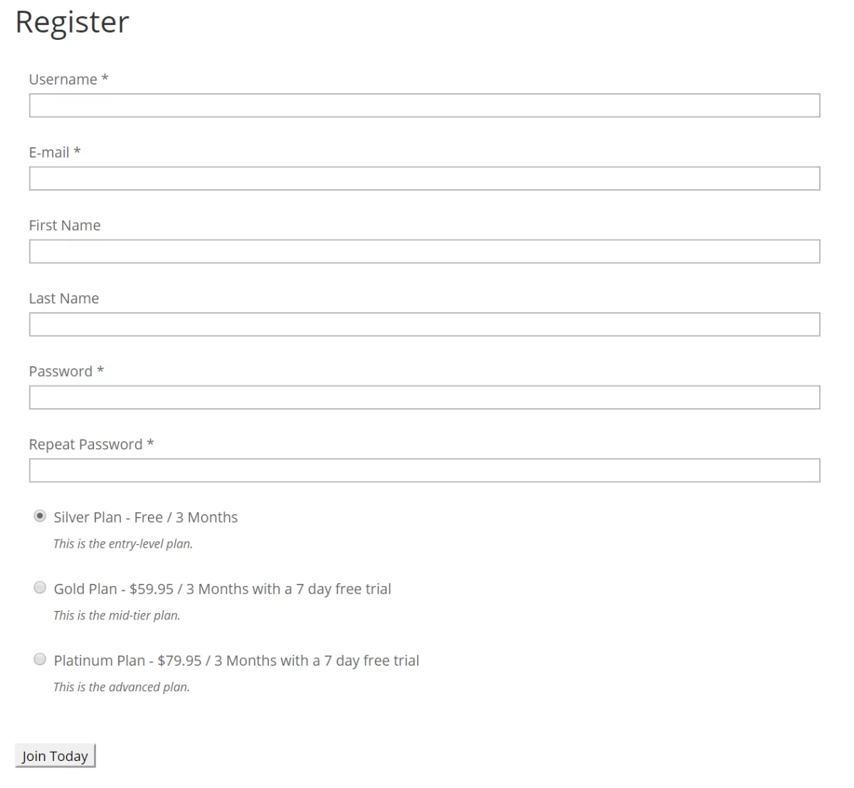 Registration form on the front-end