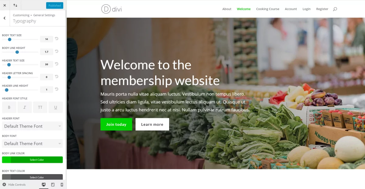 Divi membership site typography settings