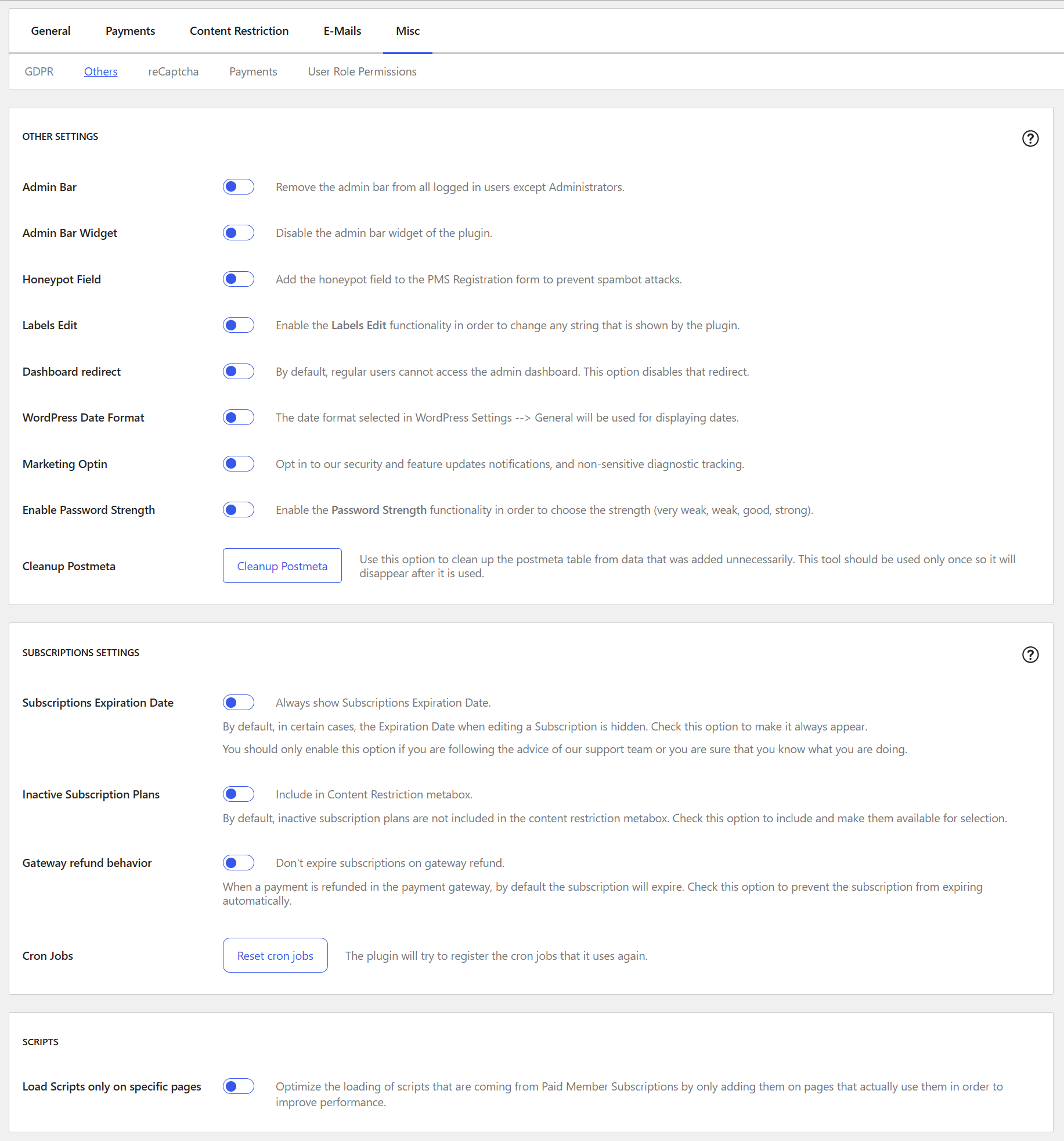 The Others settings from the Misc tab being displayed