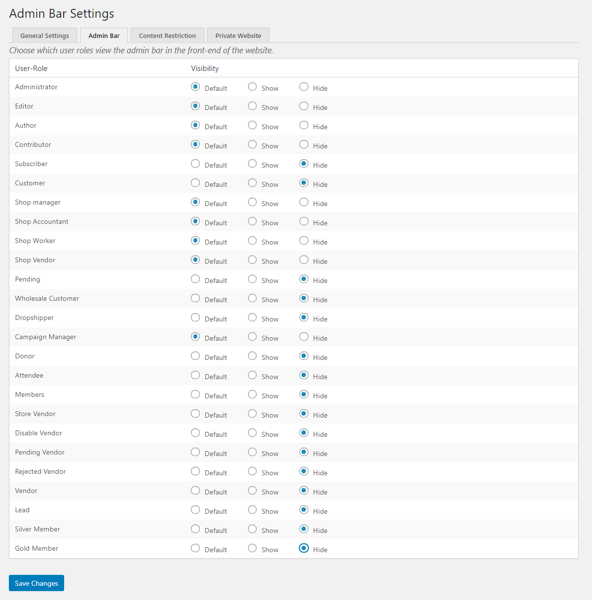 Admin bar settings in Profile Builder Pro