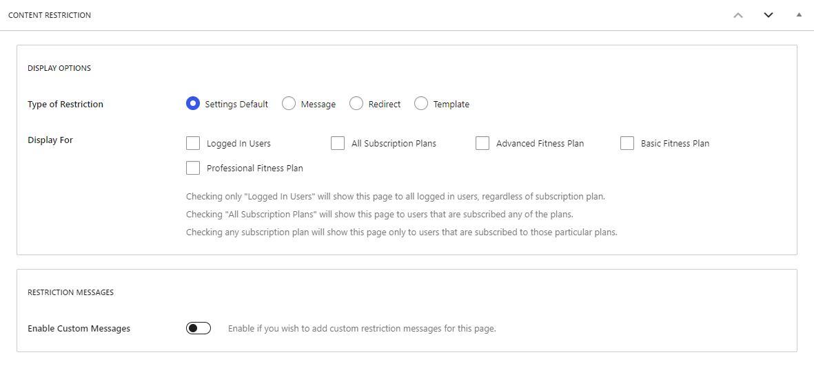 Content restriction page options