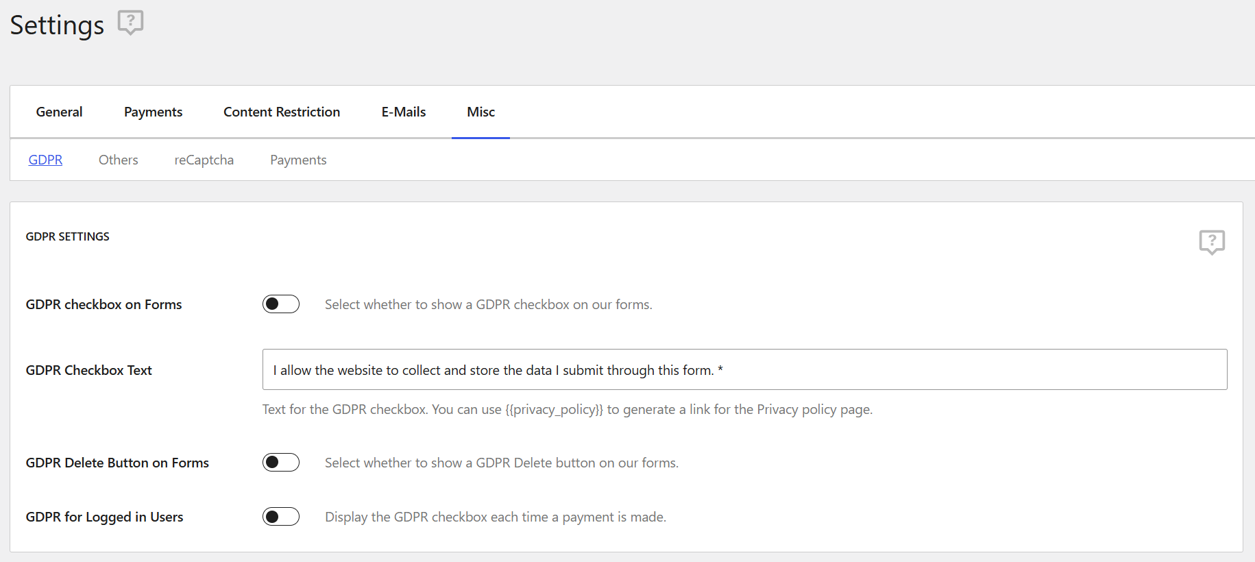 GDPR settings