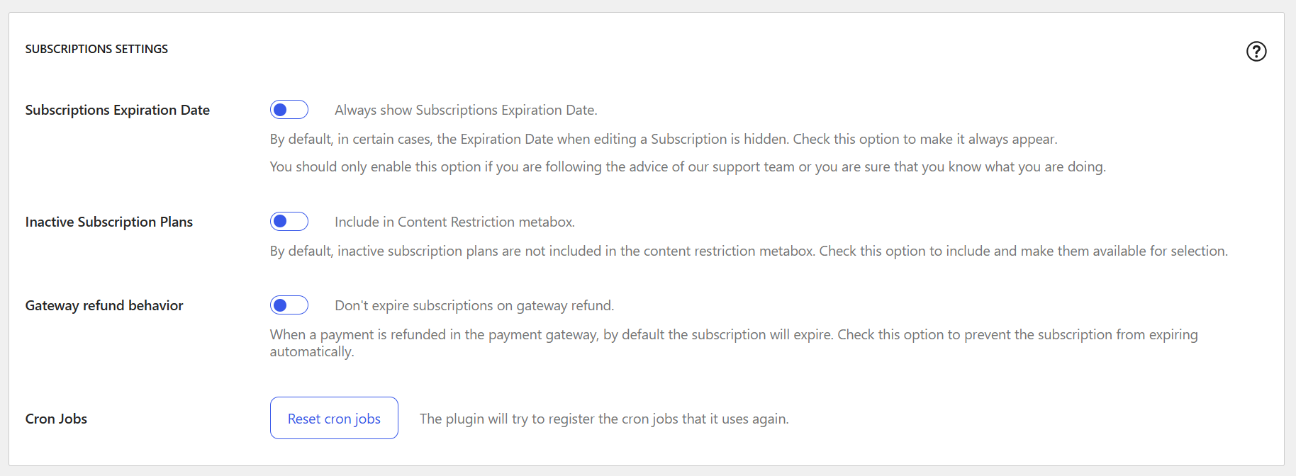 The Subscriptions settings from the Misc tab being displayed