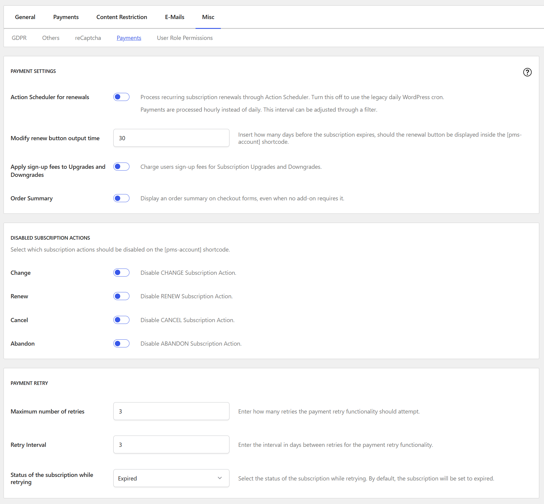 The Payments settings from the Misc tab being displayed