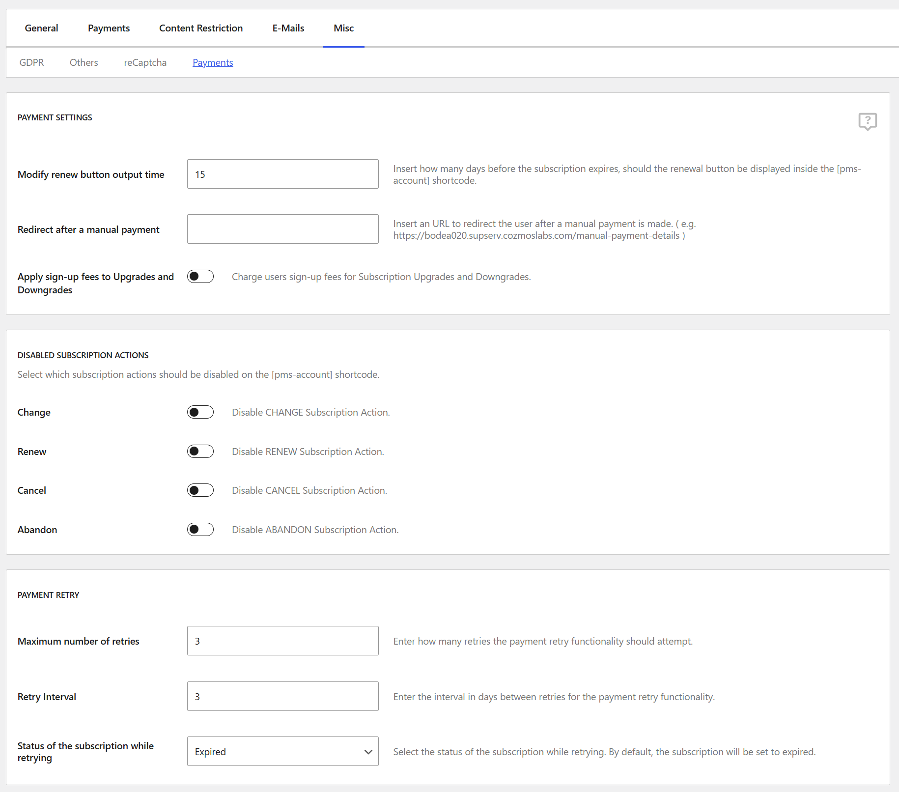The payments settings related to Paid Member Subscriptions found in the MIsc category