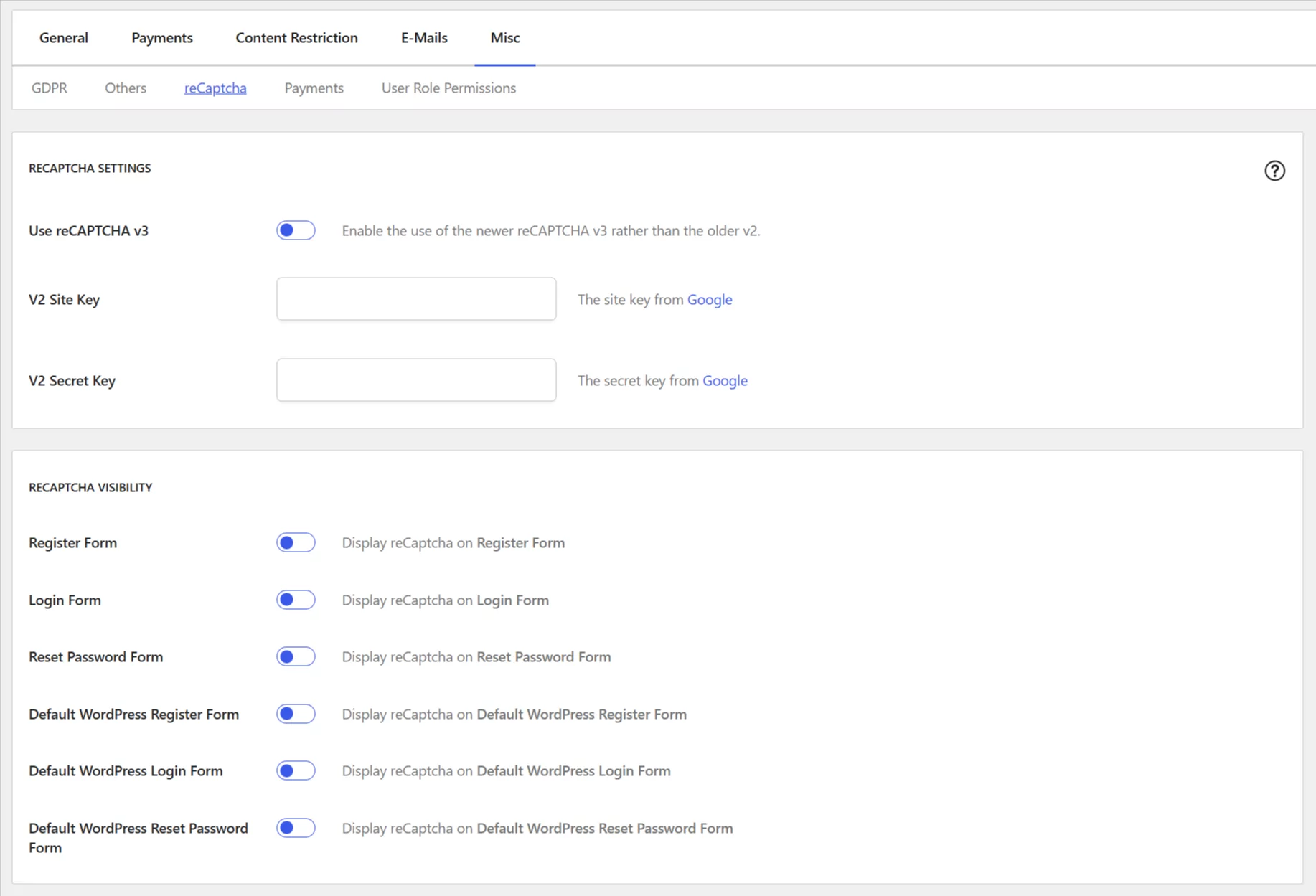 The reCAPTCHA settings from the Misc tab being displayed