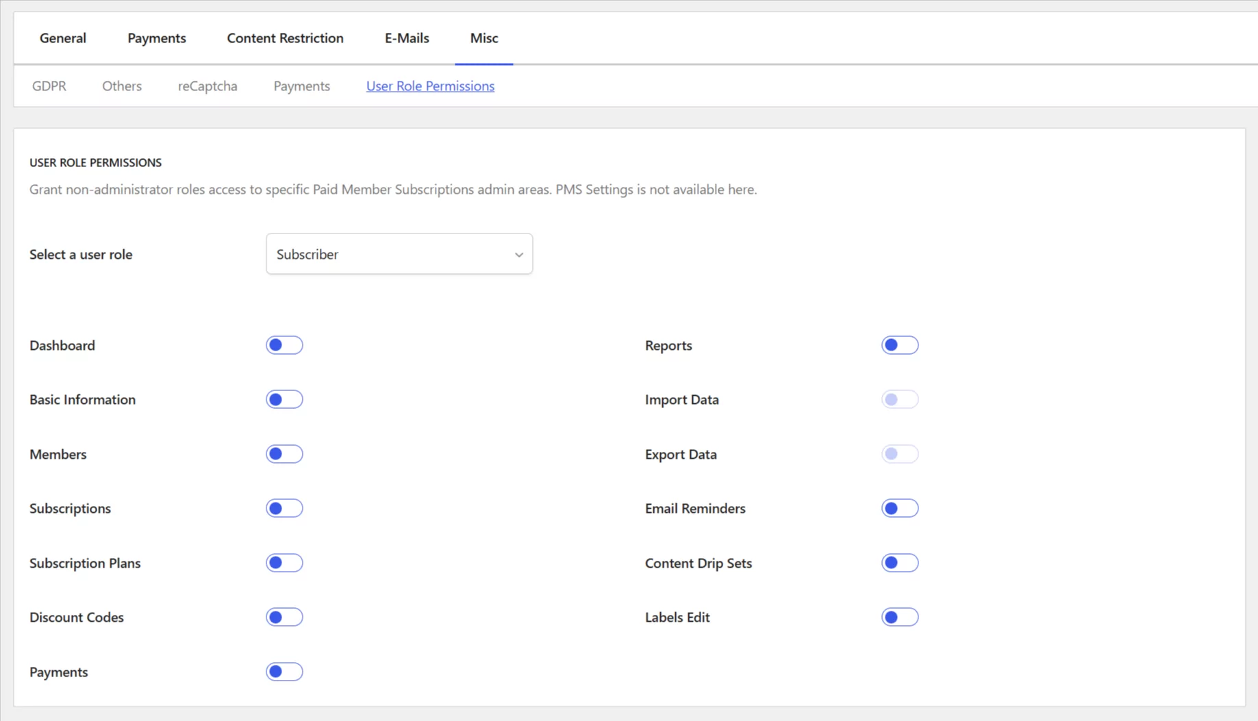 The User Role Permissions settings from the Misc tab being displayed