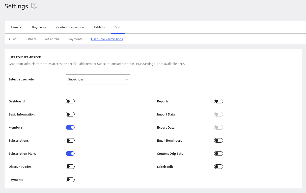 The User Role Permissions settings from the Misc tab being displayed