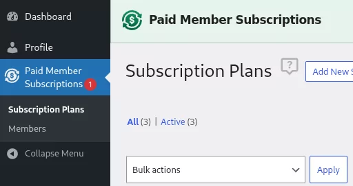 WordPress Dashboard Paid Member Subscriptions Tabs viewed by a User with User Role Permissions