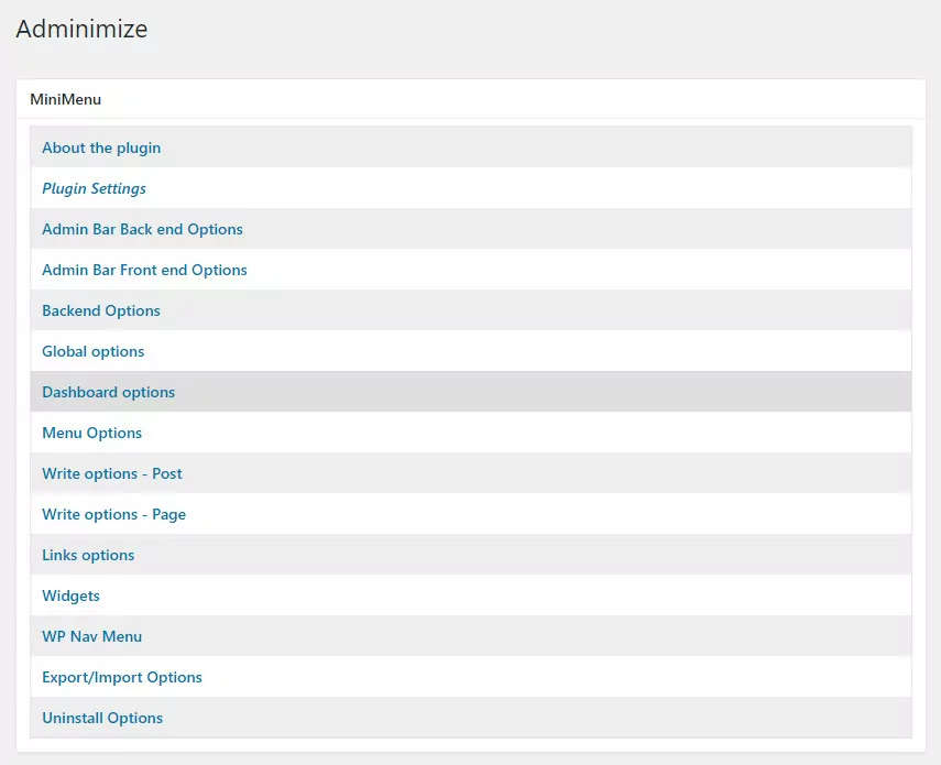 WordPress plugin Adminimize - options