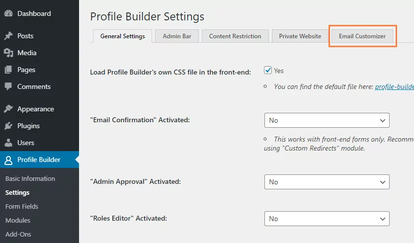 Customize WordPress emails using WordPress Profile Builder Pro plugin settings