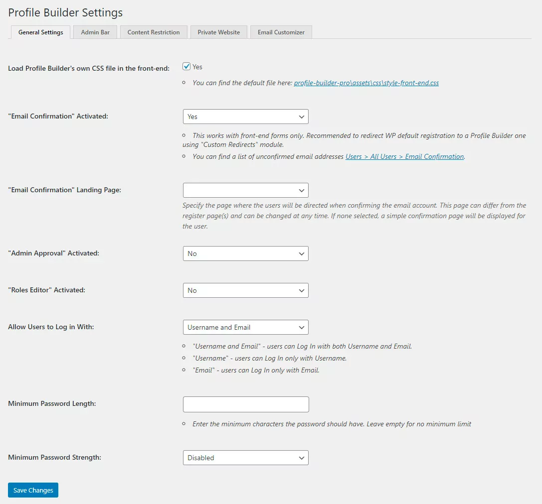 Customize WordPress emails using WordPress Profile Builder plugin settings