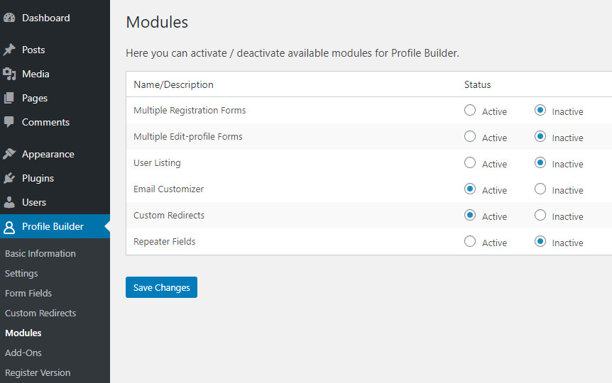 WordPress Profile Builder Pro plugin - modules