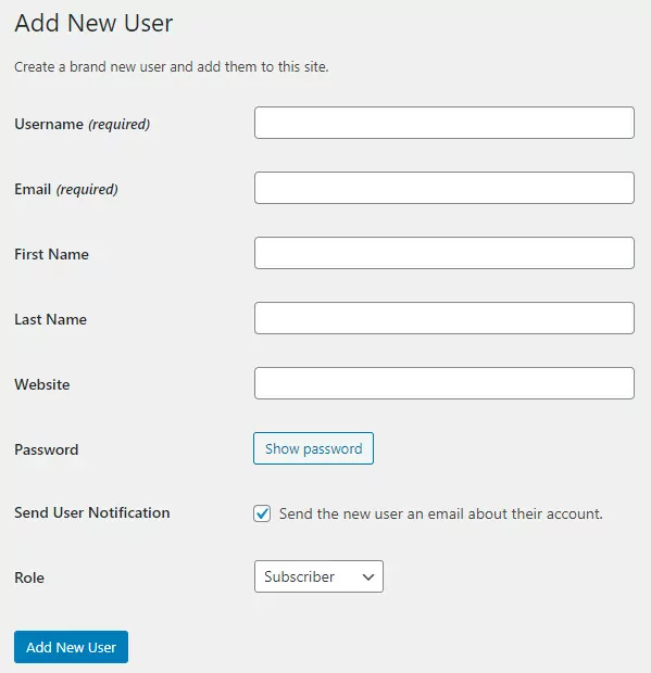 WordPress website new user registration form