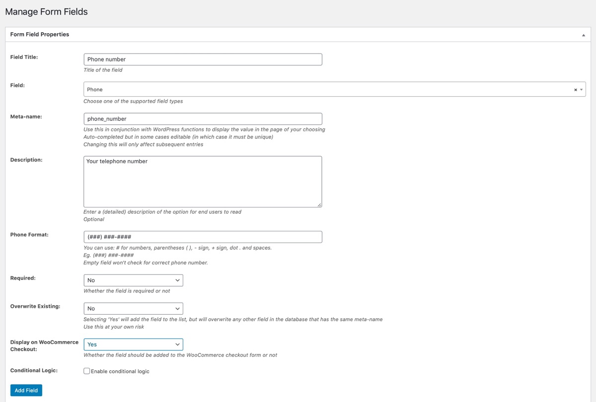 Creating the phone number field