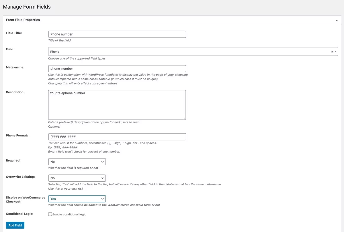 Creating the phone number field