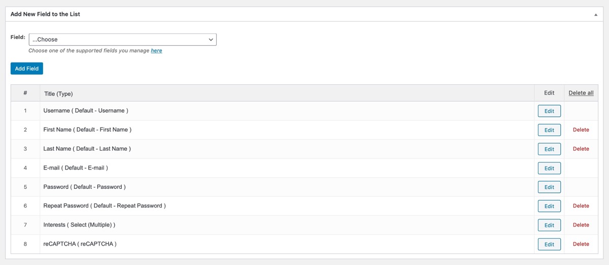 Registration form with all fields included