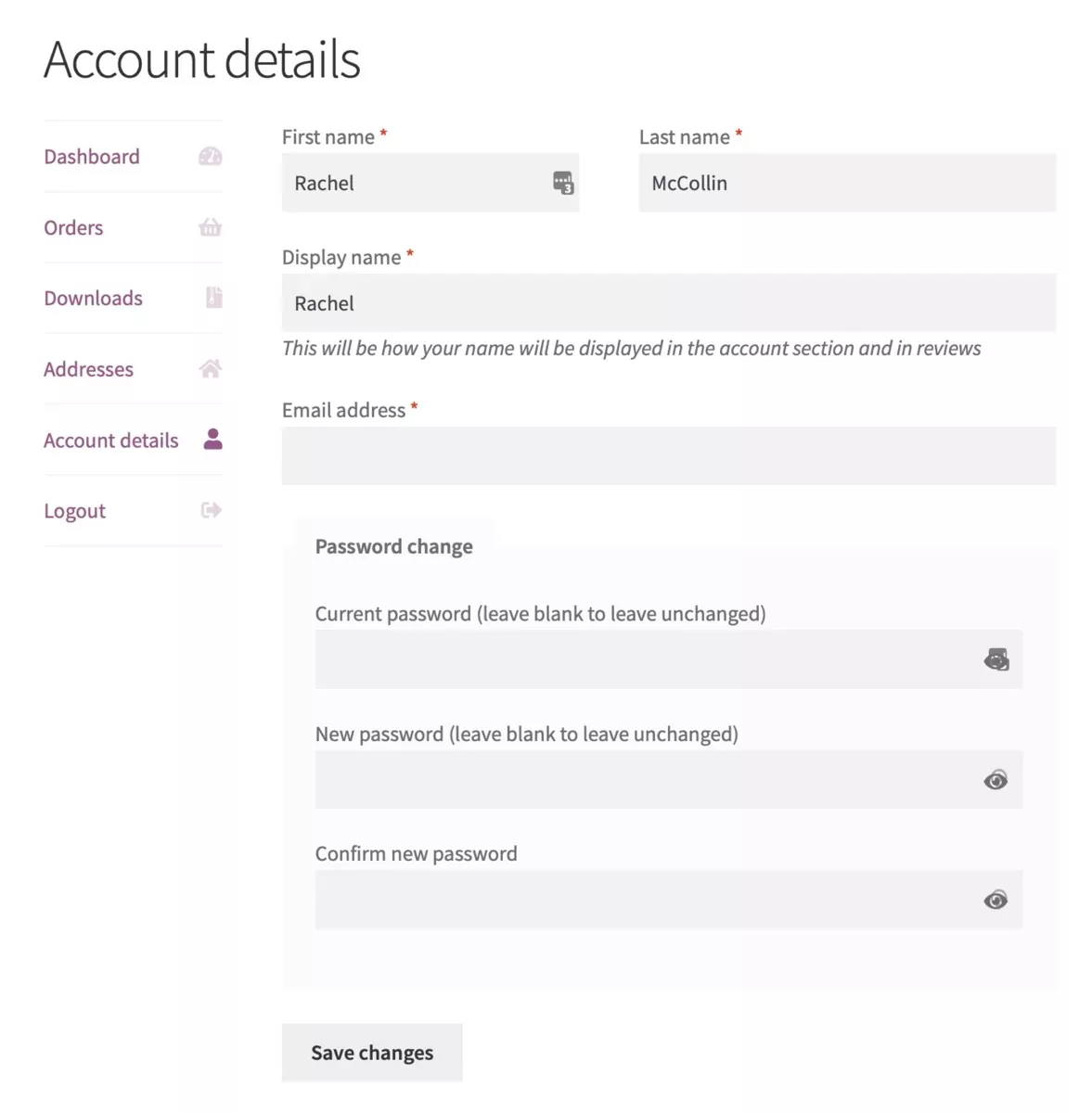 Default WooCommerce edit profile form