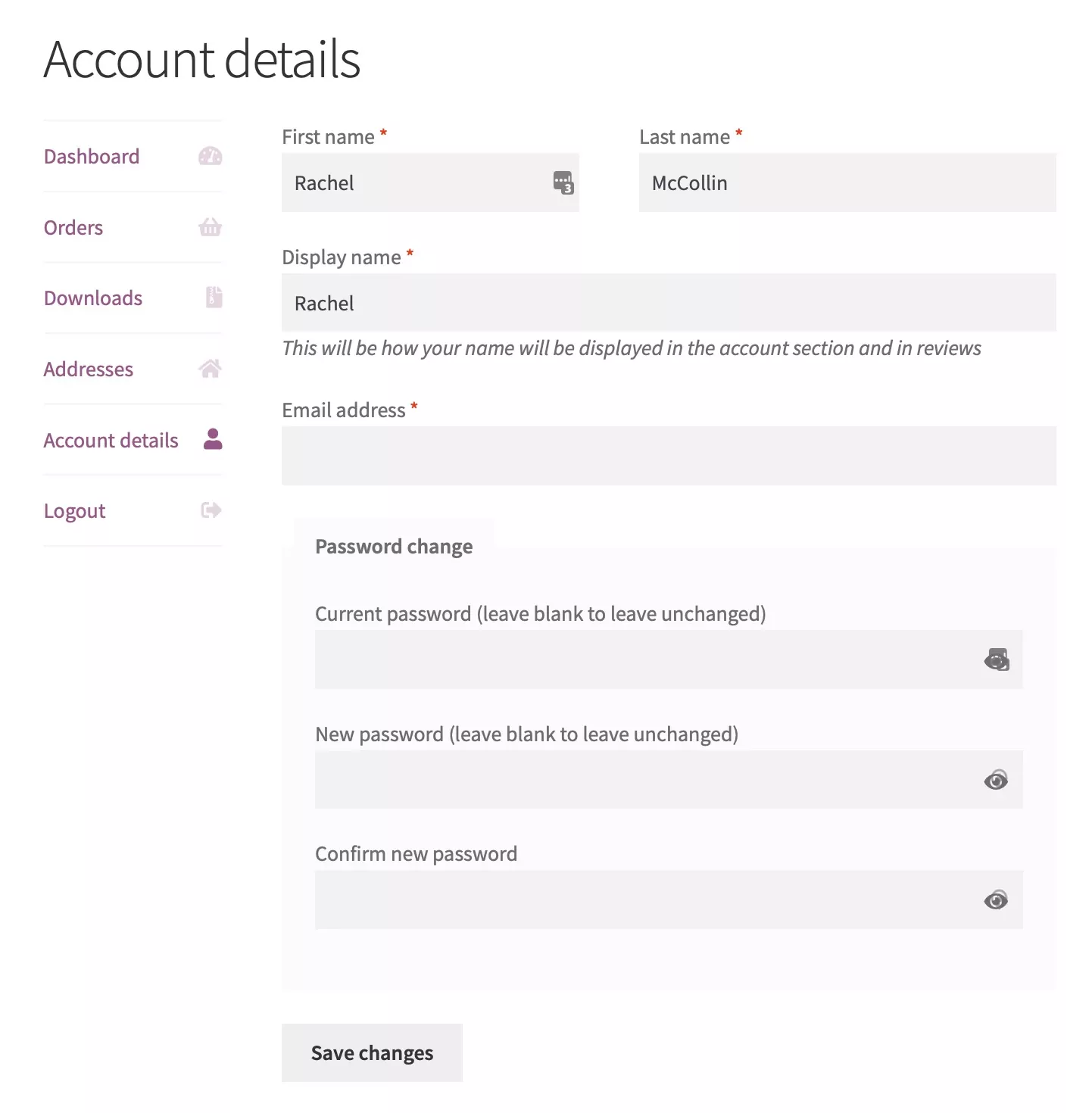 default WooCommerce edit profile form