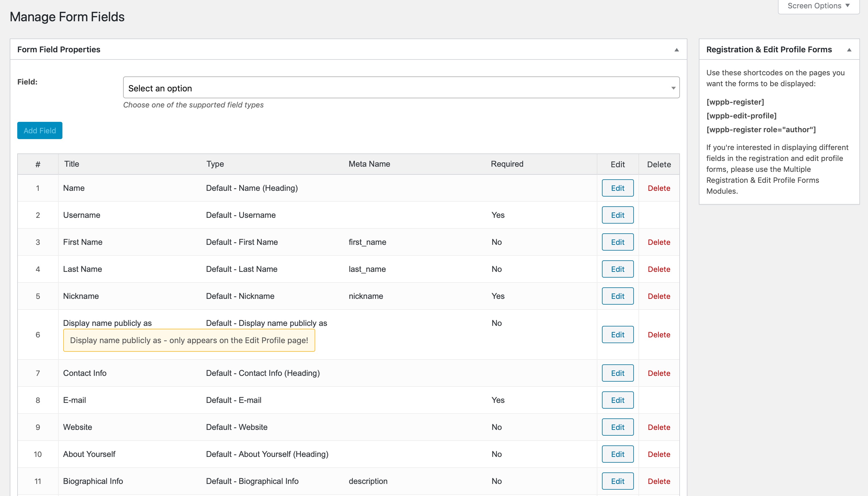 form fields screen