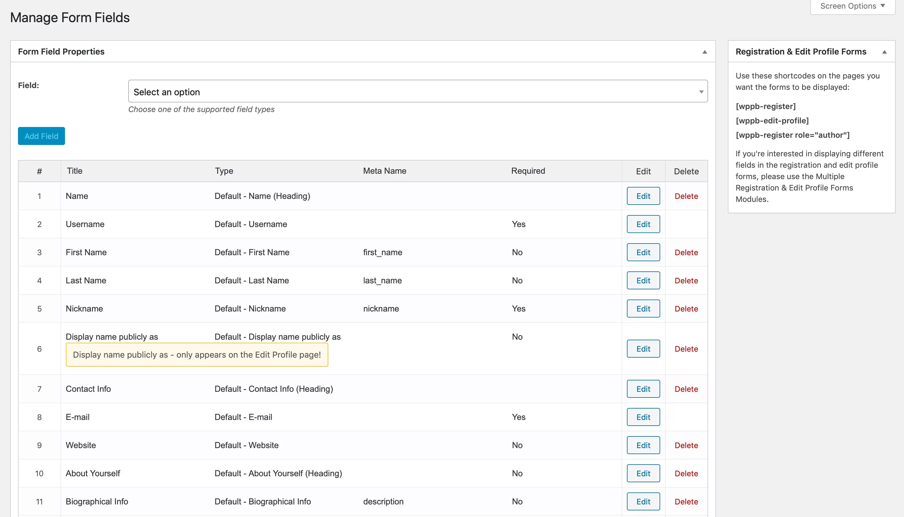 form fields screen