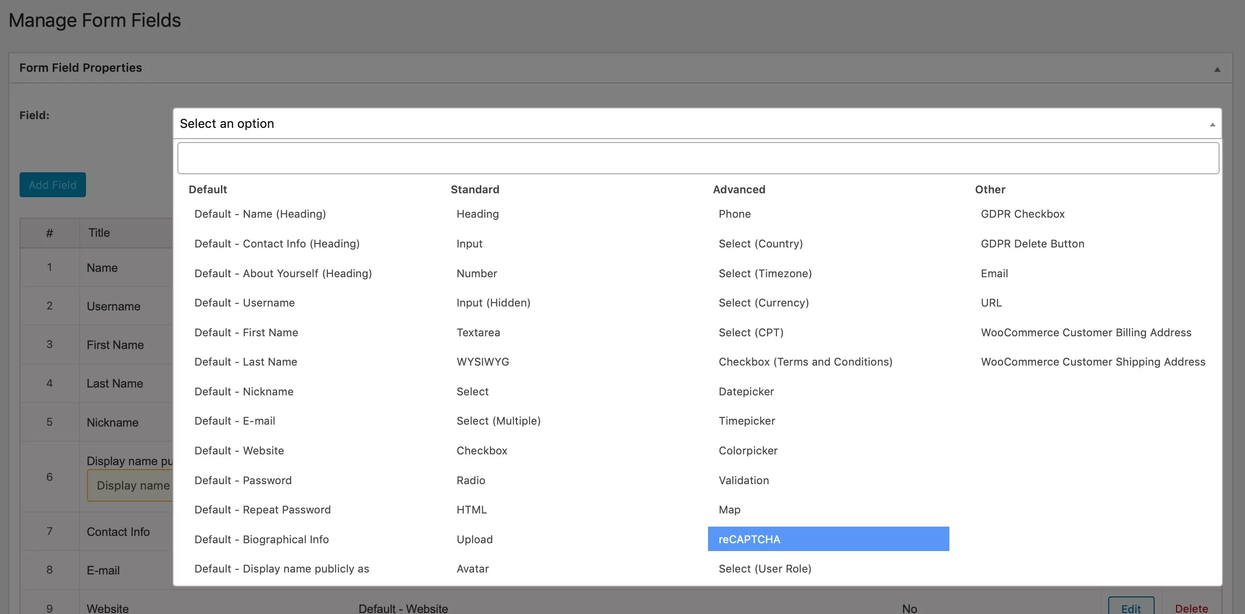 select the reCAPTCHA option