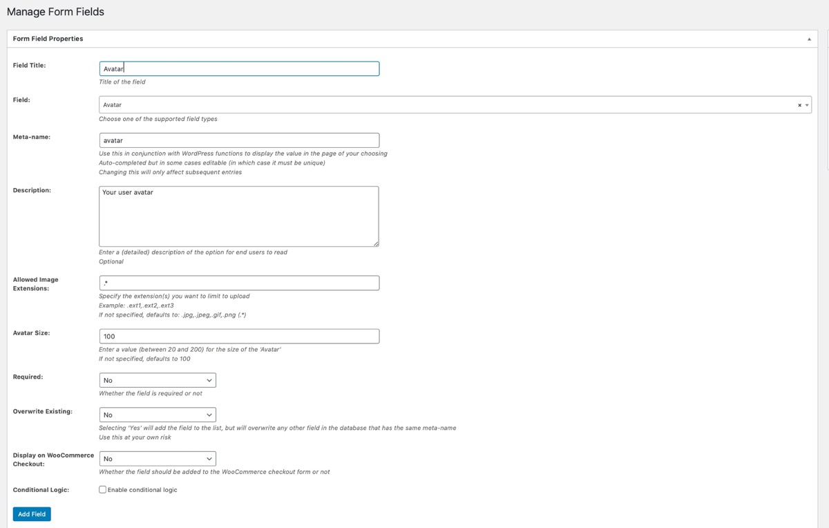 setting up the avatar field