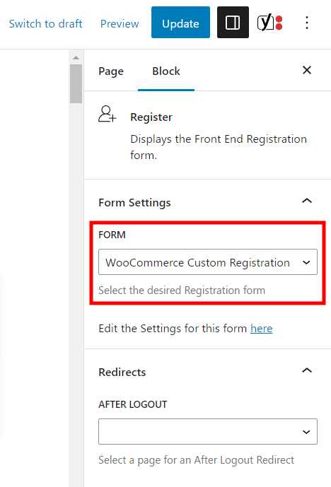 Choosing a custom registration form