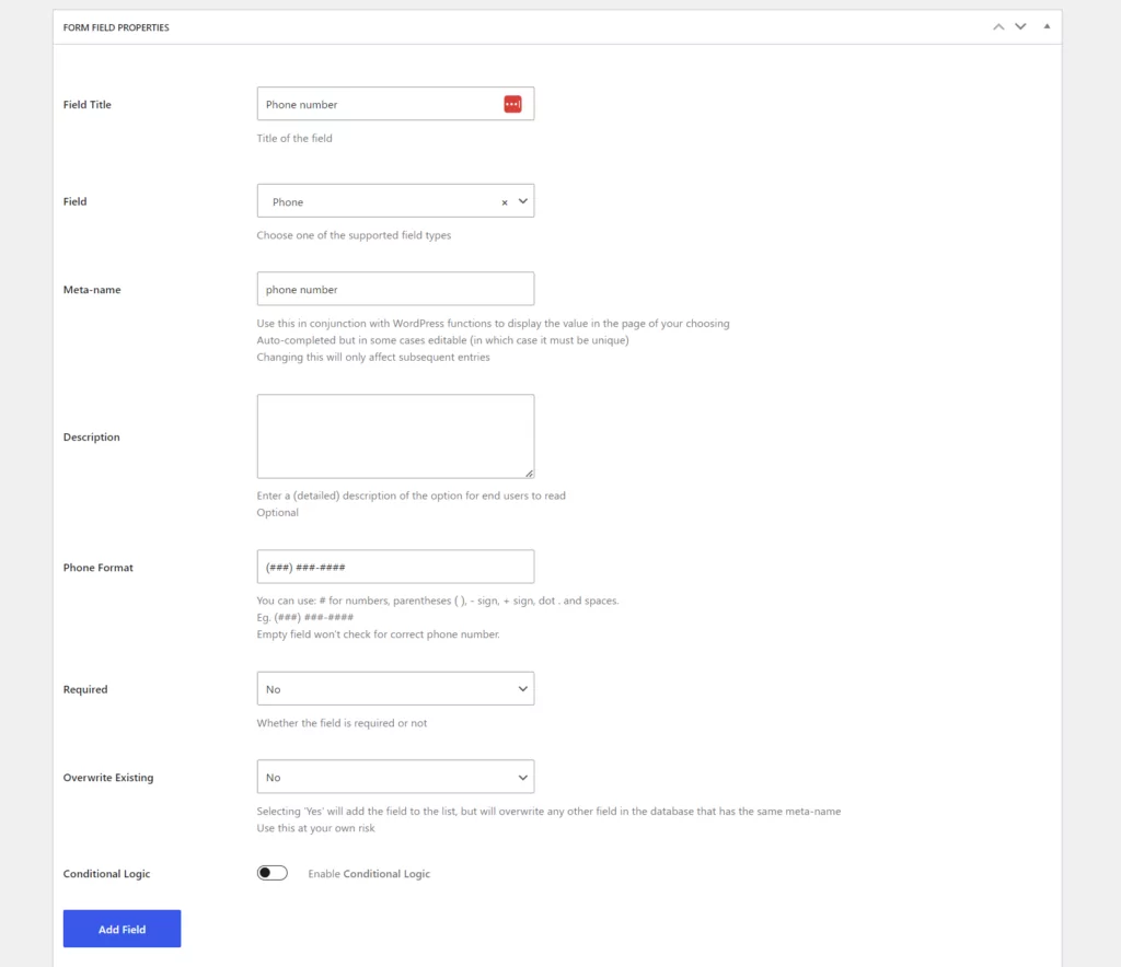 Creating the phone number field