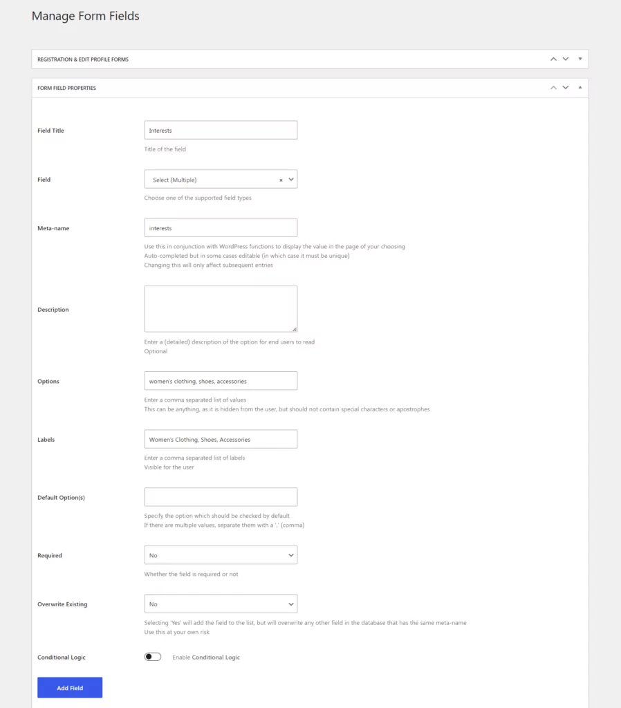 Creating the select box field