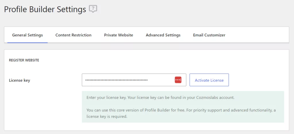 Profile Builder license registration page