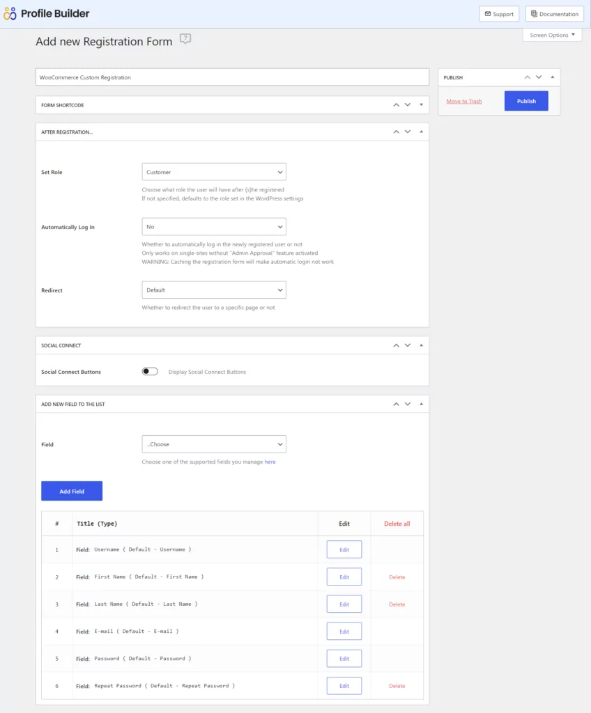 Registration form builder with less fields