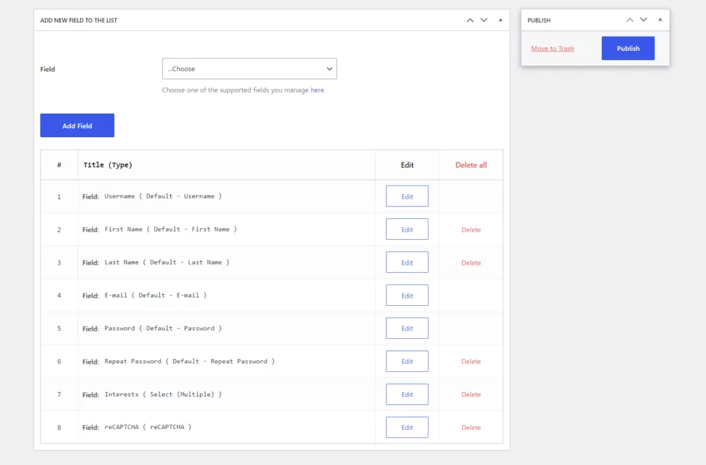 Registration form with all fields included