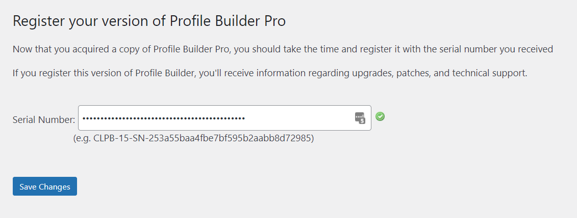 Profile Builder license registration page
