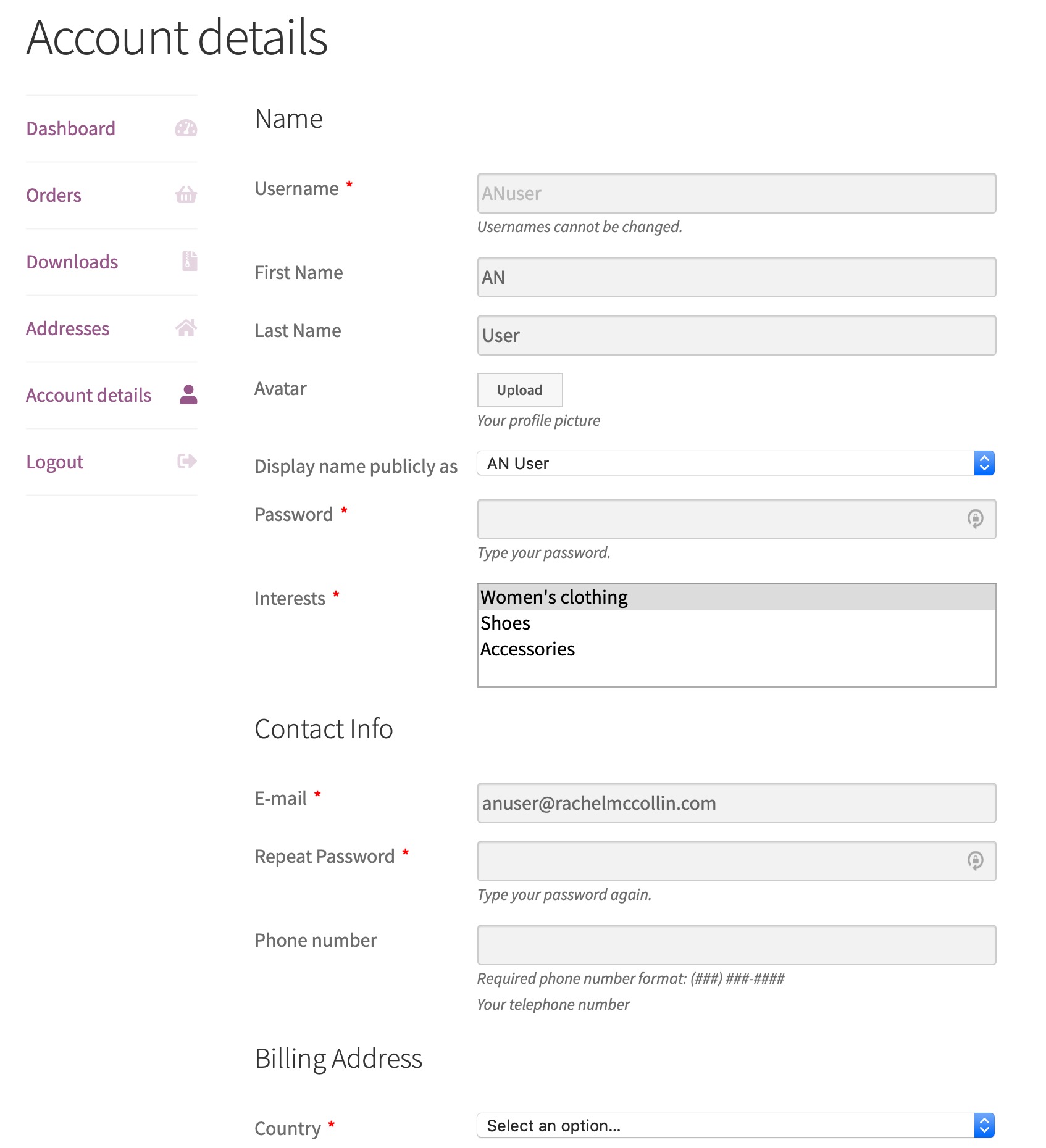 account details screen